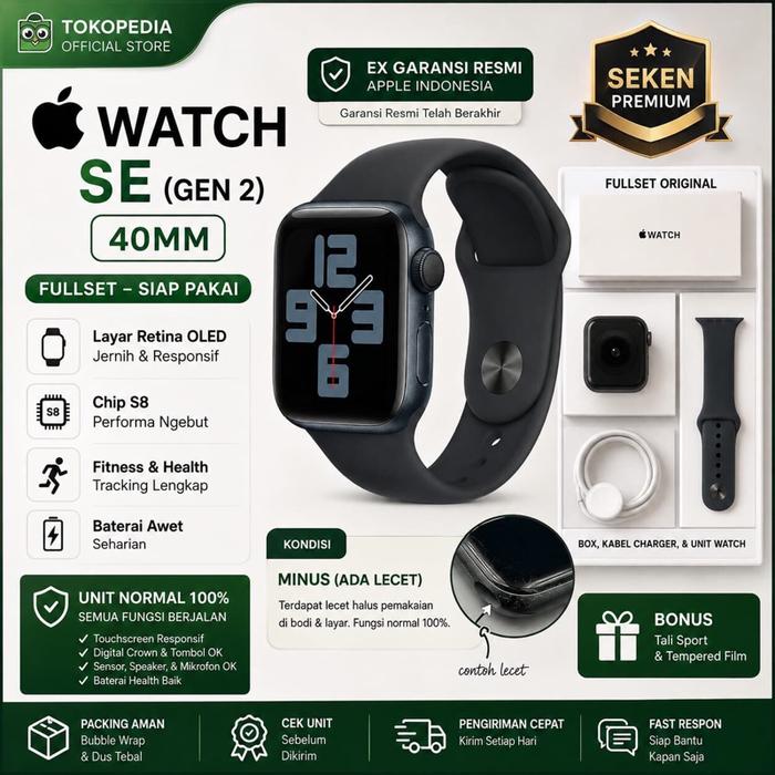 Apple iWatch SE Gen 2 Jam Tangan Pintar dengan Tali Hitam dan Desain Modern untuk Pengguna iPhone  a