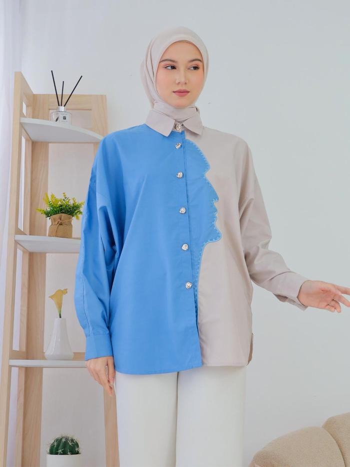 Personal Nice - Ruby Shirt Black Blue Bahan Katun Allsize | Kemeja Kerja Oversize Bordir Kemeja Silu