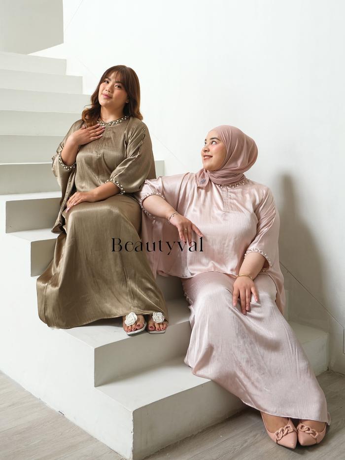 Malika Set Shimmer Beautyval Raya Series Atasan Bawahan Mewah Muslim Mutiara Silk Simple Wanita Oute