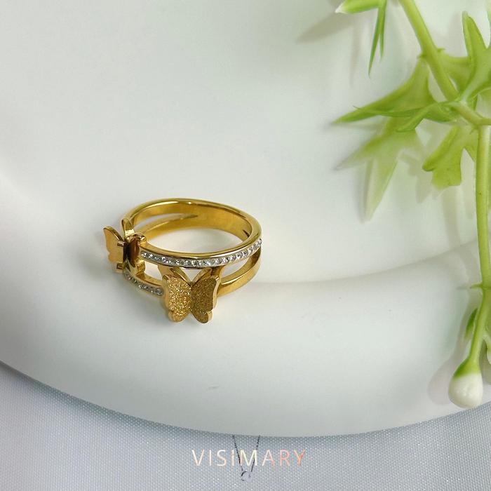 Visimary • Azhari Cincin Wanita TItanium Kupu- kupu 3D Butterfly Double 2 Zircon Putih 2 susun Korea