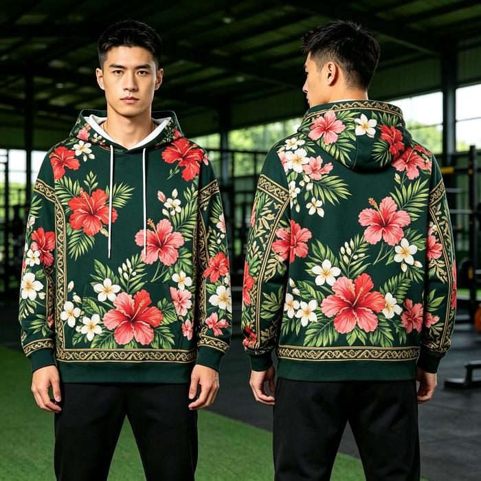 Hoodie Pria Fleece Motif Bunga Tropis 3D Warna Hijau Tua, Desain Hibiscus dan Bunga Putih dengan Dau