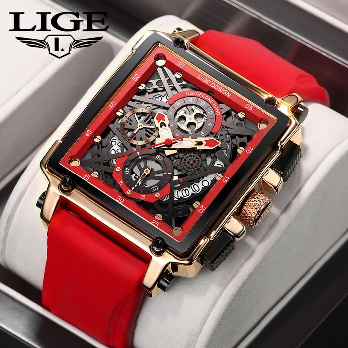 LIGE Jam Tangan Pria Skeleton Square Bermerek Mewah Jam Tangan Kuarsa Pria Tahan Air Tanggal Otomati