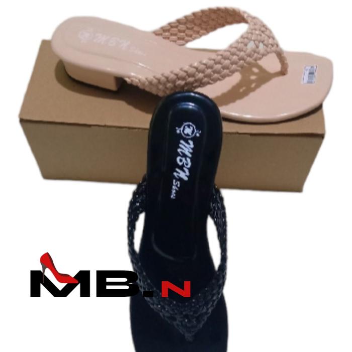 M&N Shoes Sandal Wanita Hak 3 Cm Kepang Jepit Bolong MbN Karet Sendal Ukuran 36-40 Bahan Synthetic P