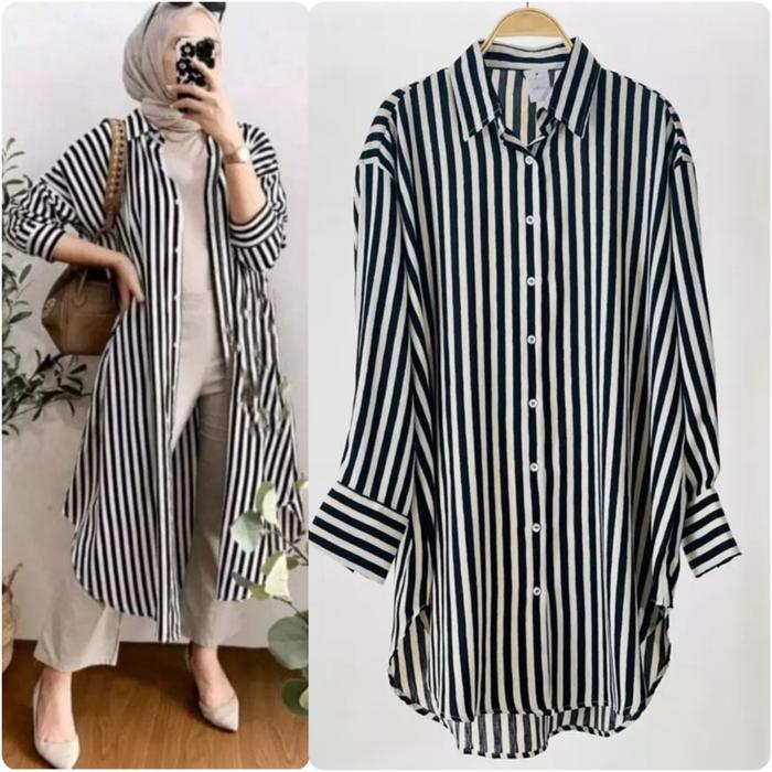 Tunik Wanita Rayon Premium Tunik Salur Biru Dress Motif Kancing Nyaman Muslim Panjang Garis Hijau Hi