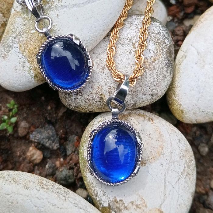 Kalung liontin Batu Permata Mulia Blue Sapphire Natural Stone Bio Energy Original Bersertifikat Untu