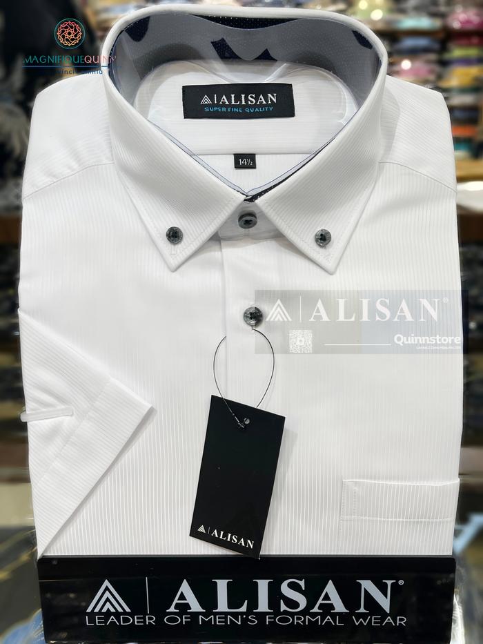 ALISAN Original Kemeja Katun Dobby - Kerah Kombinasi - Lengan Pendek - Reguler - PUTIH - Varian Size