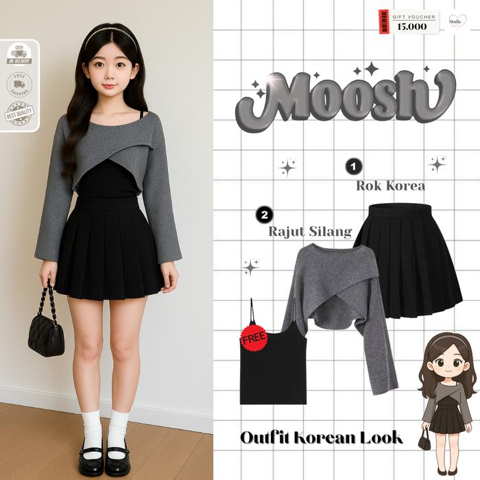 Modis - 1 Set Outfit Kekinian Wanita  Panjang Kombinasi   |  Baju Rajut Tebal  Silang Abu-abu, Rok K