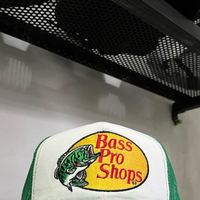 Bass Pro Shops Topi Trucker Hijau Putih dengan Logo Ikan Pancing Berkualitas Tinggi