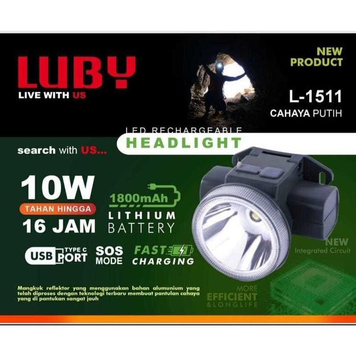 Senter Kepala Led LUBY L-1511 10w Baterai 1800mah Tahan Hingga 16jam - Waterproof