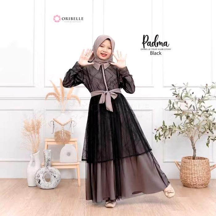 Gamis Muslim Anak Perempuan Padma Syari Kids 10-15 Tahun Bahan Crinkle Airflow Mix Brukat Wanita Tan