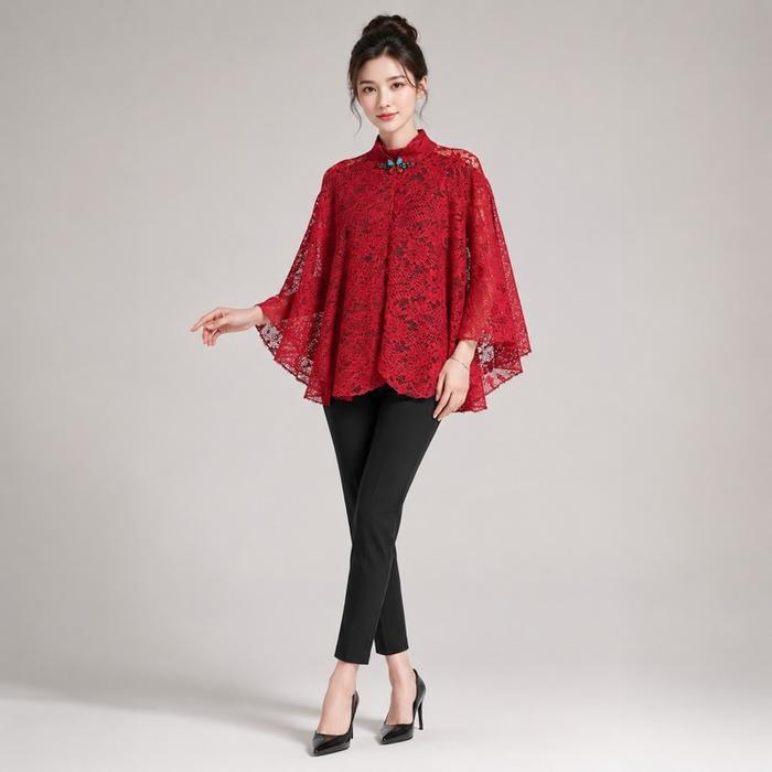 LUIRE Cape Shanghai Full Brukat Premium High Neck Outer Wanita Elegan Brokat Modern untuk Kondangan