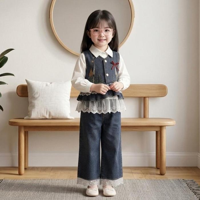 Setelan Anak Perempuan 3in1 Premium – Blouse Putih Lengan Panjang, Vest Denim Bordir Elegan, Celana 