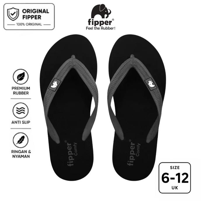 Fipper Comfy Sandal Jepit Anti Slip Pria Wanita Original Ringan Nyaman Hitam Black / Grey Dark