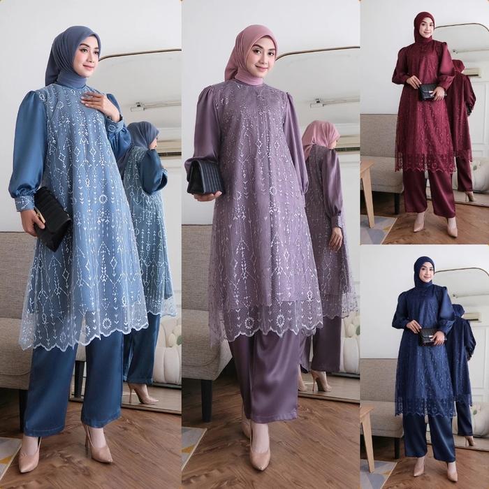 Lara Set 2in1 Atasan Brukat dan Celana Baju Setelan Kondangan Wanita Brukat Simple Outfit Kondangan 