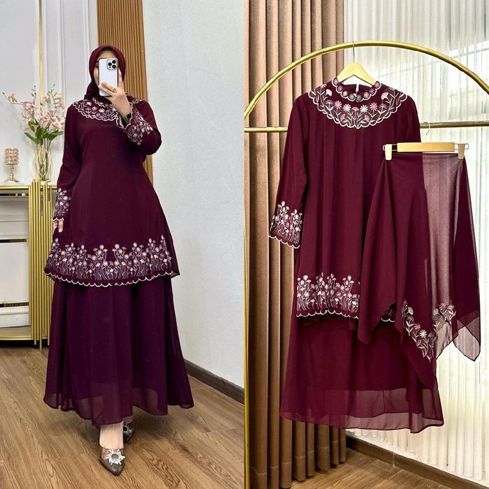 ZIFA FASHION || COD || GUZEL SET ROK MALAY 3IN1 CRUTY BORDIR SIAP KIRIM || SETELAN ROK FREE HIJAB SE