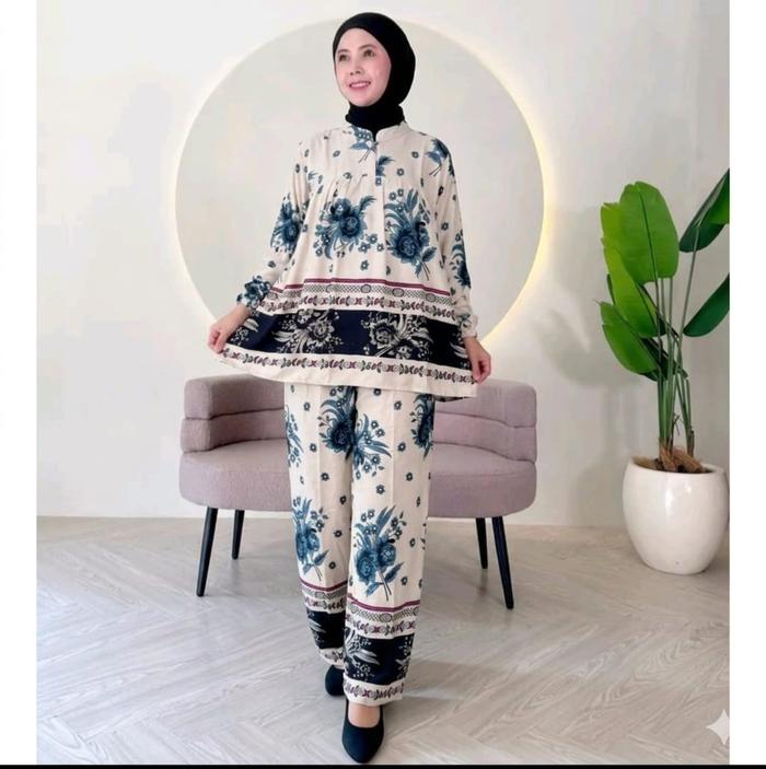 One Set Rita Rayon Premium Busui Setelan Wanita Atasan Bawahan Lengan Karet Ruffle Celana Panjang Ba