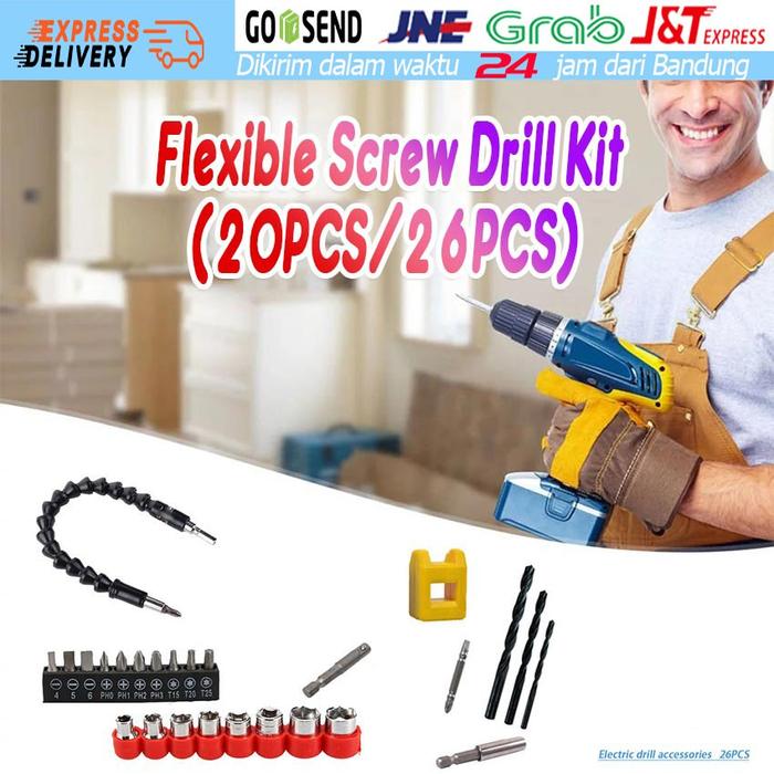 20 / 26pcs Set Mata Bor Obeng Elektrik Dengan Selang Fleksibel Mesin Bor Screwdriver Extension Drill