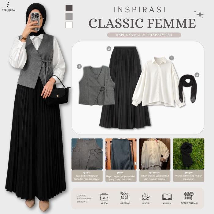 Oneset Wanita 4in1 | Vest + Rok Plisket + Kemeja Puffy + Hijab Persegi | Outfit Muslimah Elegan Styl