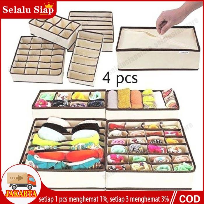 4Pcs Kotak Penyimpanan Serbaguna Organizer Kain Sekat Laci Lemari Tempat Penyimpanan Celana Dalam Ka