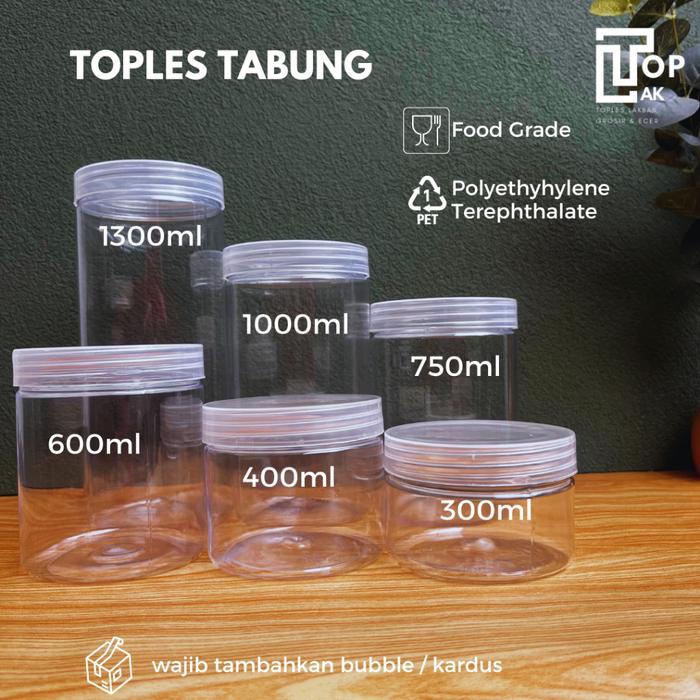 Toples Plastik Tabung Bening 300ml 400ml 600ml 750ml 1000ml 1300ml Jar Silinder Toples Kue SETANDAR