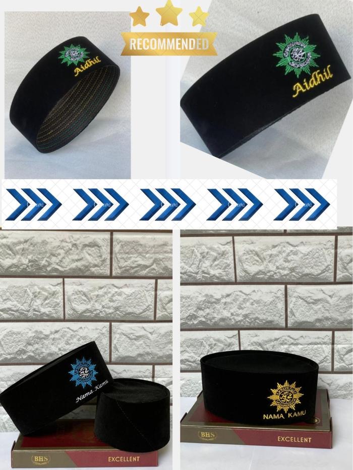 PECI + NAMA - PECI LOGO MUHAMMADIYAH GOLD - BISA PAKE NAMA - Peci Hitam Ukuran 1-10, Peci Kain Bludr