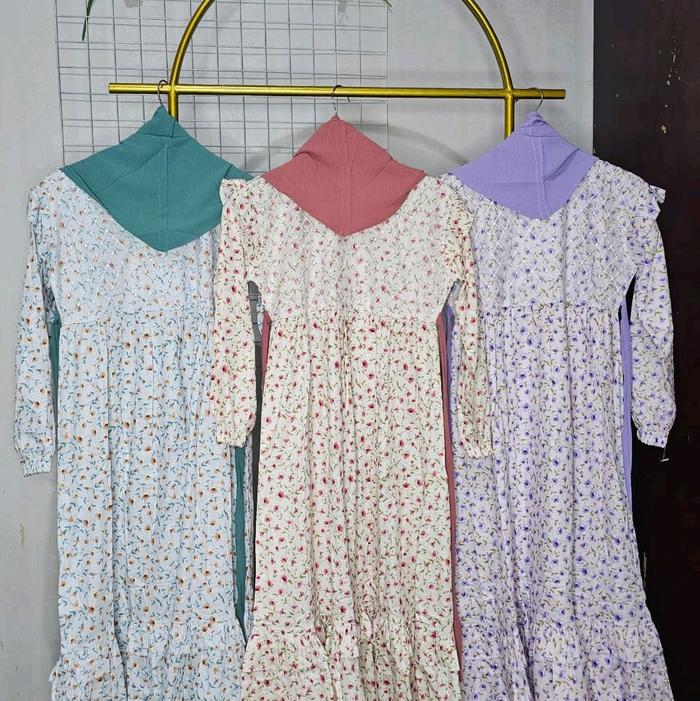 Gamis yover katun jepang motif bunga tebal ( 10-12 tahun) Dress Anak Muslim