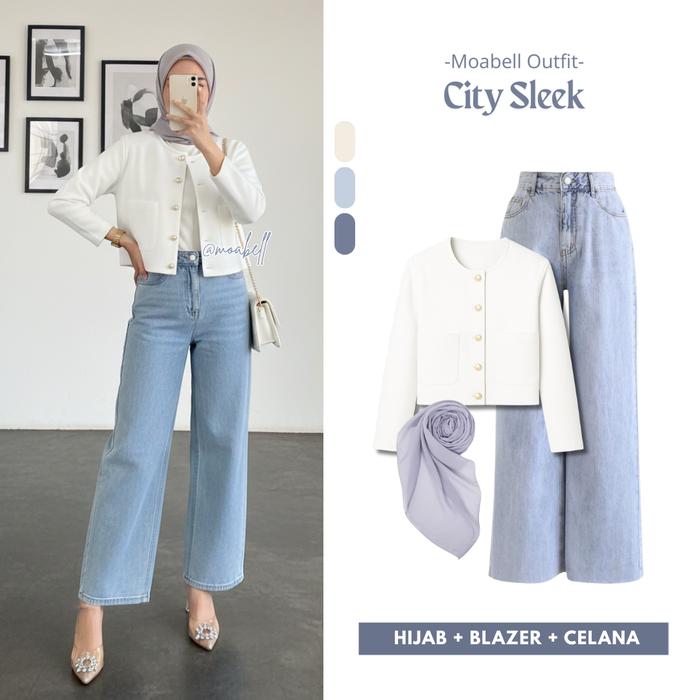 City Sleek One Set Premium (Blazer + Jeans Kulot + Hijab Segiempat) Setelan Wanita Simple Korean Sty