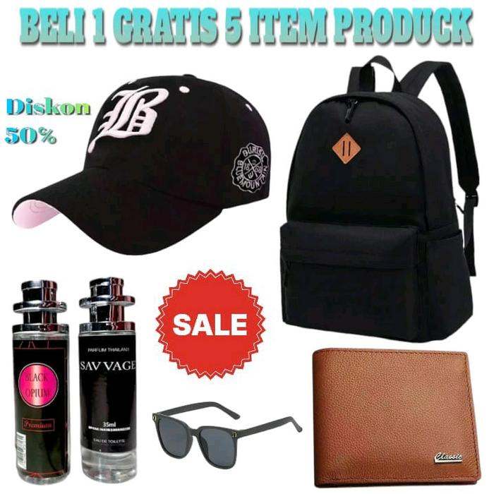 Paket Hemat Beli 1 Gratis 5 Item Tas Ransel, Topi LB, Parfum, Dompet, Kaca Mata Pria Sekolah Backpac