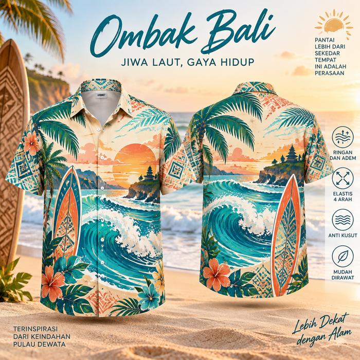 Kemeja Pria Lengan Pendek Motif Pantai Bali, Kemeja Santai Motif Ombak Laut, Kelapa, Bunga dan Papan