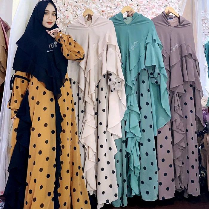 (ORI ELZISHA LABEL) Shakila Gamis POLKADOT set Khimar Gamis Printing set syari premium