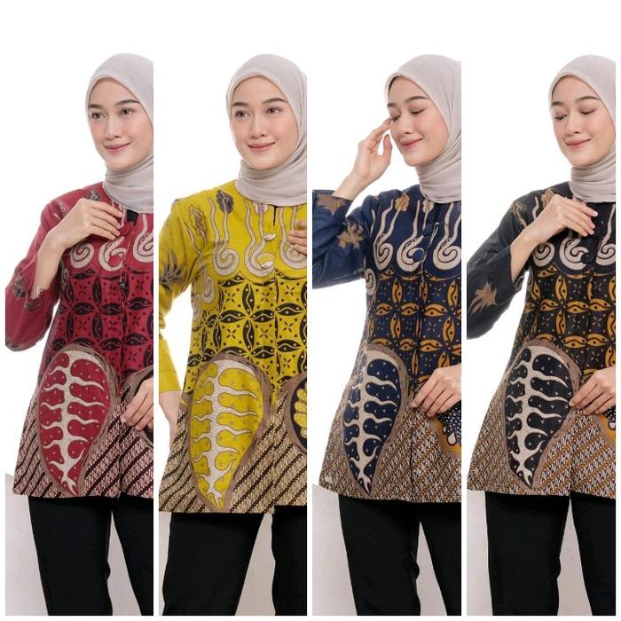 atasan wanita modern katun motif batik printing blouse kekinian casual kerja panjang Baju Kantor Hit