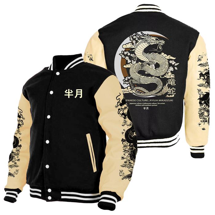 Mostal Apparel Jaket Varsity Bomber Pria Mikaduki Hitam Motif Naga Jepang Anime Vibes Motif Naga Jap