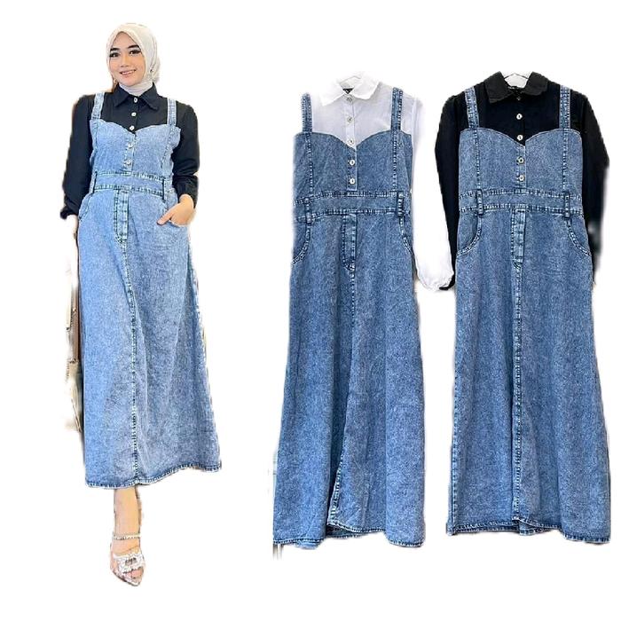 nola/cl dress jeans mix katun hokaido dress wanita muslimah Gamis baju midi muslim wanita gaun lebar