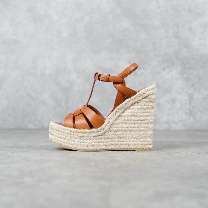 SEPATU YSL SAINT LAURENT T BROWN STRAP WEDGES 12CM ESPADRILLES 100% ORIGINAL