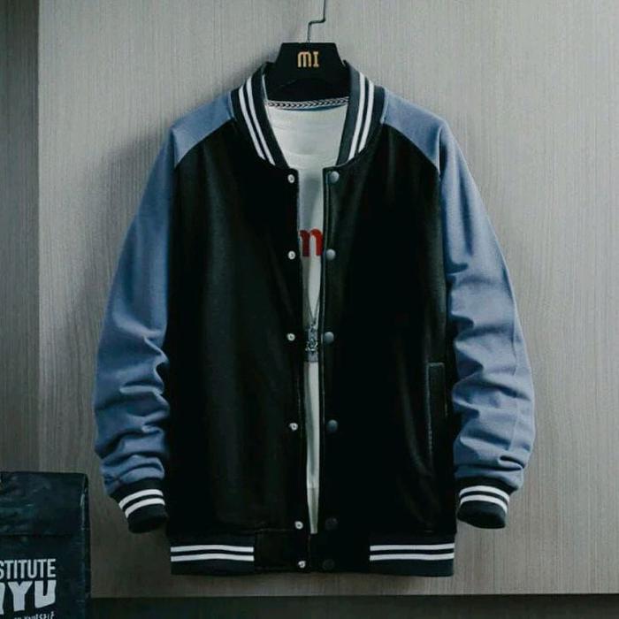 Varsity Jaket Raglan Kombinasi Warna Pria Wanita Big Size S-6XL Putih Denim Tua Beige Army Krem Cara