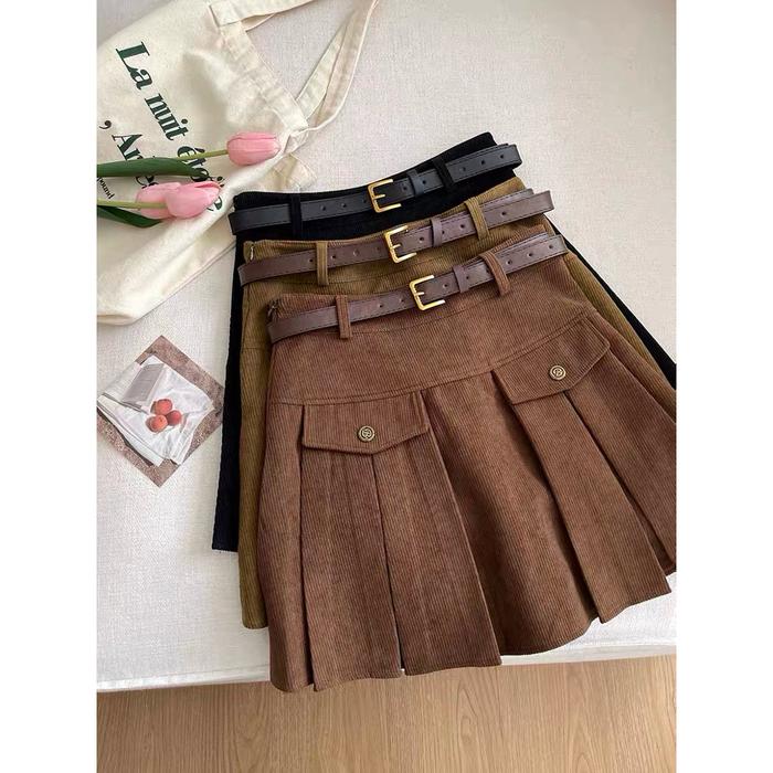 NEW Mini Skirt + FREE BELT Model Wanita Cewek Korea Rok Rempel Remple Corduroy Tebal Rok Bludru Velv