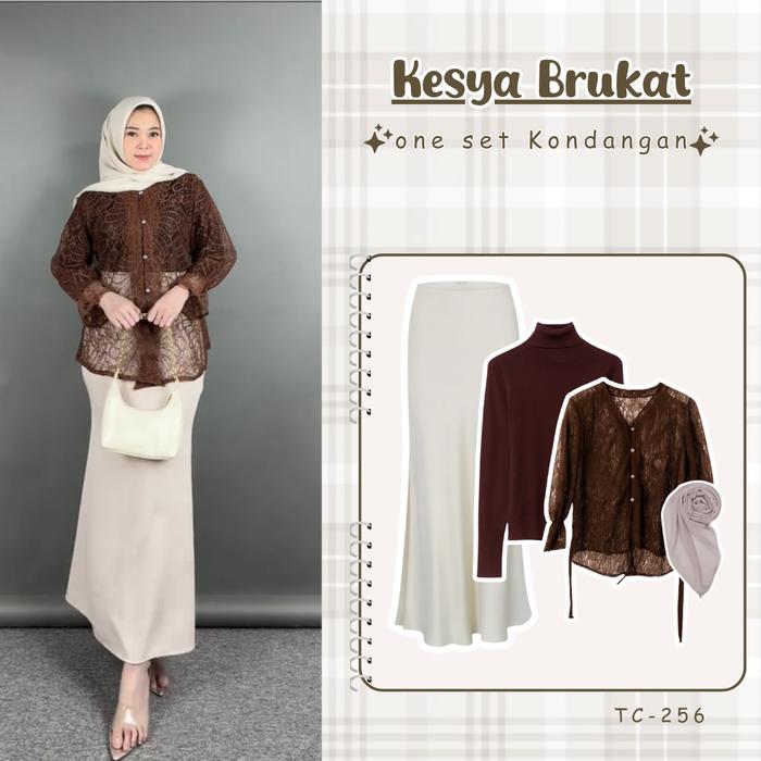 Kesya Brukat Outfit Kondangan Mahogany Kekinian Rok Duyung Manset Brukat Hijab SET TC-256 Bahan Bruk