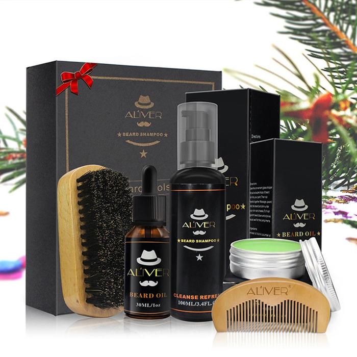 Beard Clean Set With Essential Shampoo Brush Comb Oil Cream for Men