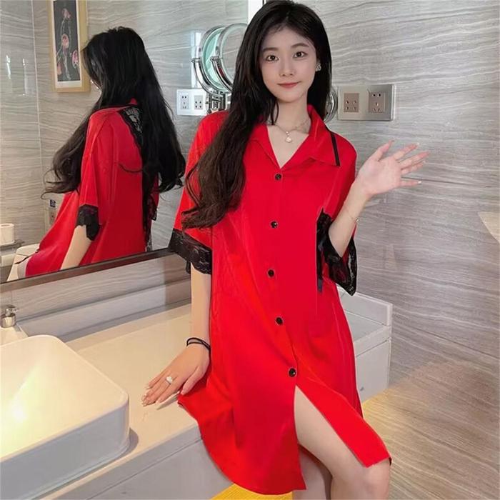 2023 Piyama Sutra Es Baru Piyama Sutra Piyama Sutra Kemeja Renda Seksi Baju Tidur Wanita Lihat Melal