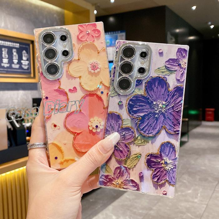 Casing HP Samsung Galaxy S22 S23 S24 S25 Ultra Plus Fashion Oil Painting Purple Flower Glitter Pelin