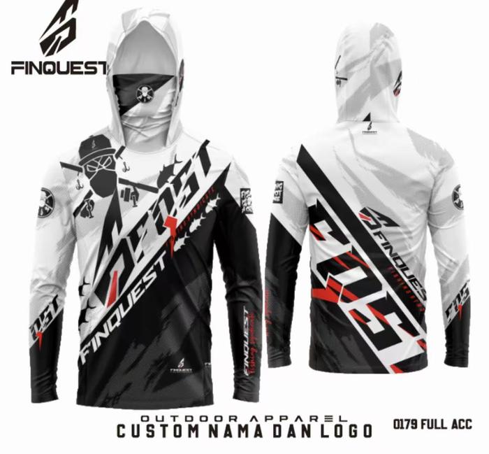 Jersey Mancing Hoodie Finquest Bisa Custom Nama & Logo Full Print Hitam Putih Lengan Panjang Dry Fit