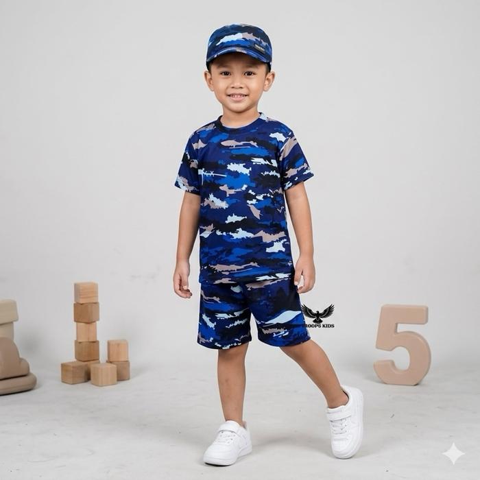 Setelan Baju Loreng Anak Laki-laki TNI + Topi Keren Usia 1-8 Tahun | Kaos Anak Laki-laki Keren + Top