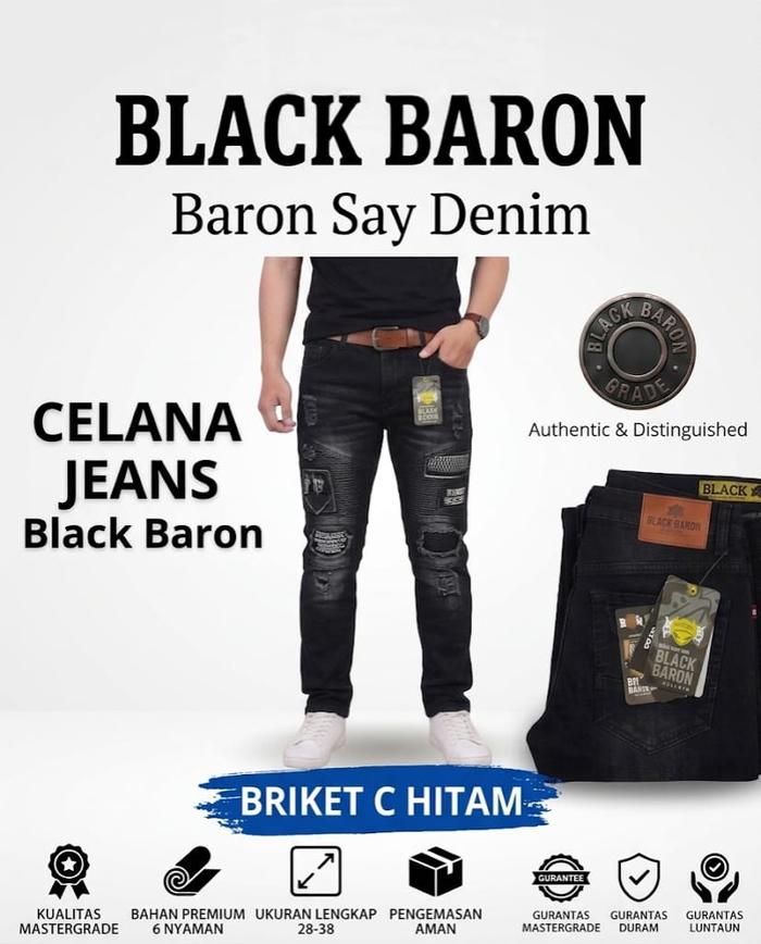 Celana Black Baron Celana Jeans Panjang Briket Hitam Distressed Doble Busa Patch Denim Pants Briket 