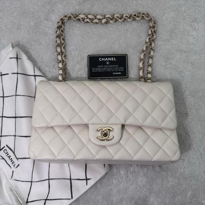 Chanel Classic Double Flap Bag White Caviar Leather GHW Shoulder Bag 2017