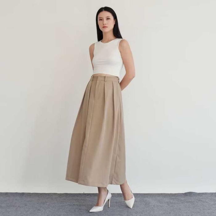 Ready- MSMO Fane Long Skirt in Beige Rok Panjang Wanita Fashion warna Coklat