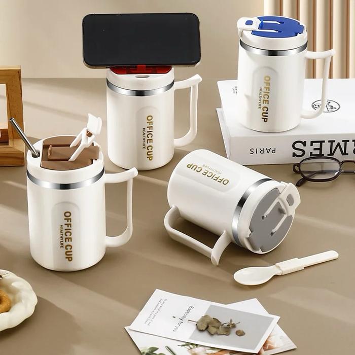MUG STAINLESS MUG COFFEE TAHAN PANAS MUG DENGAN HANDLE DAN SEDOTAN KAPASITAS 500ML 913