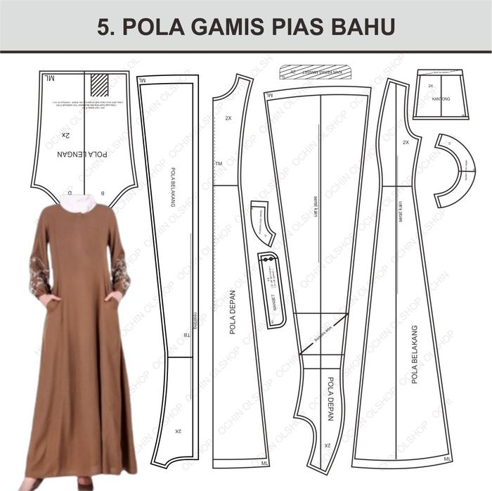 Pola Produksi Gamis Pias Bahu XS-4XL - Cetak Kertas Marker/ Plotter & HVS A0 Siap Jahit