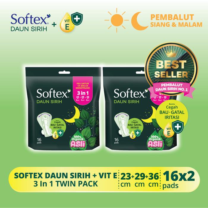 Softex Daun Sirih + Vitamin E 3in1 16s x 2 Pack - Pembalut Daun Sirih