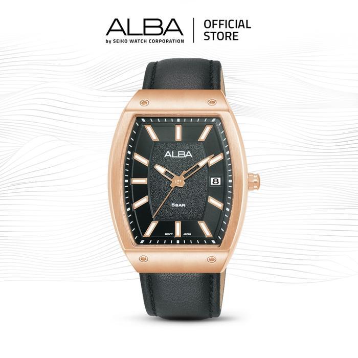 Jam Tangan Pria Alba Tank AG8M84 / AG8M84X1 Quartz Hitam Emas dengan Tali Kulit Asli untuk Gaya Eleg