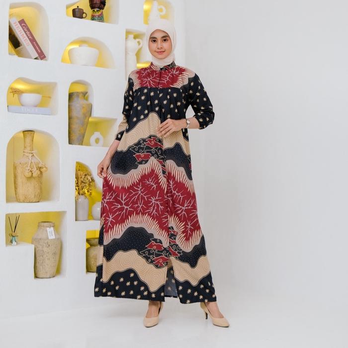 Midi Batik Mewah Serut Elegan Busui Frenly Motif Merah Delima - Bunga, Katun, Syari, Rayon, Lebaran,